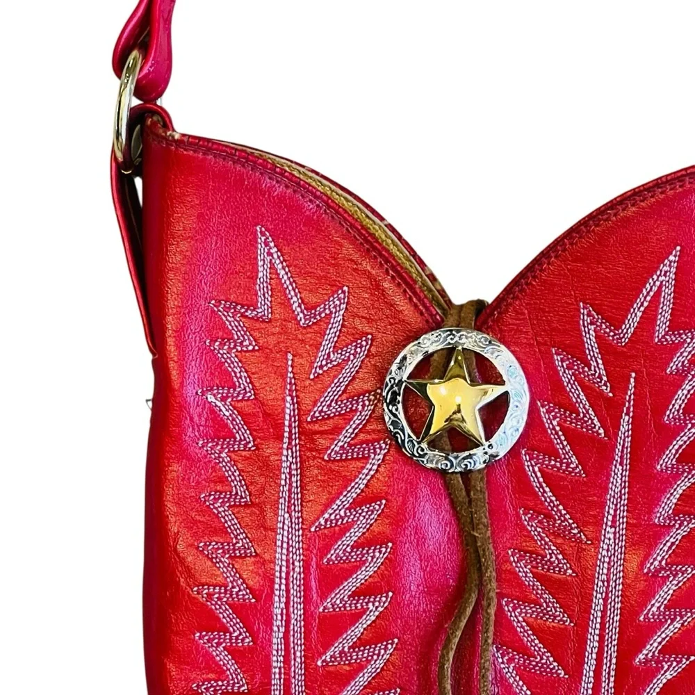 Vintage Women’s 80s Red Leather Cowboy Boot Shoulder Crossbody Bag Western - Picture 3 of 10